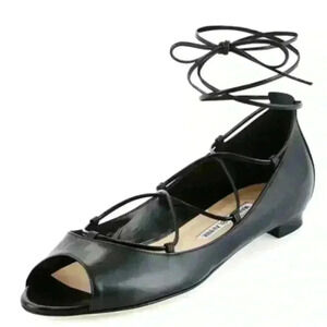 Manolo Blahnik Womens Black Aneska Leather Lace-Up Open-Toe Flat 35.5 (US 5)